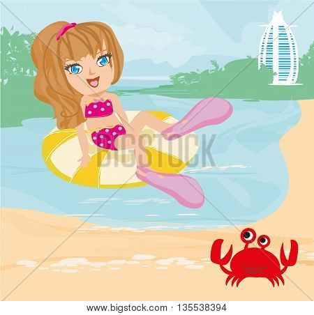 little girl and Fun on the beach , vector illustration