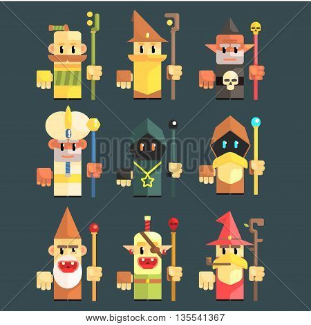 Flash Game Magician Set Of Flat Primitive Stylized Graphic Design Vector Icons Isolated On Dark Background