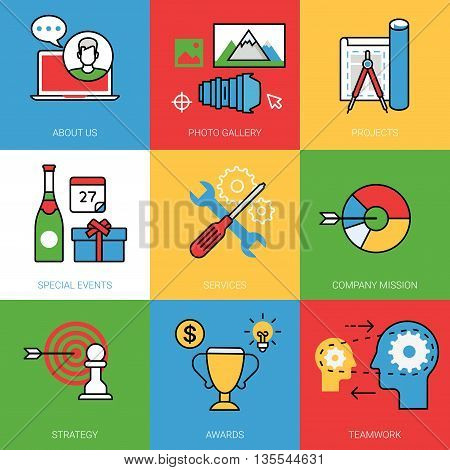 Business cycle site concept vector set Line art color image