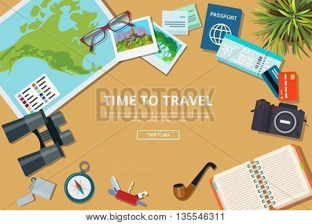 Time to travel agency web brochure vector illustration trip plan