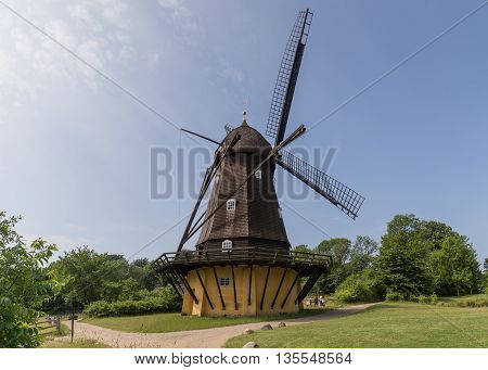 Brede, Denmark - June 23, 2016: The historic Fuglevad windmill in the Frilands Museum.
