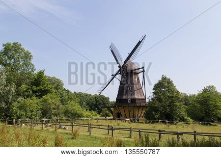 Brede, Denmark - June 23, 2016: The historic Fuglevad windmill in the Frilands Museum.