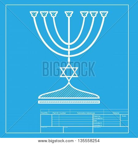 Jewish Menorah candlestick in black silhouette. White section of icon on blueprint template.