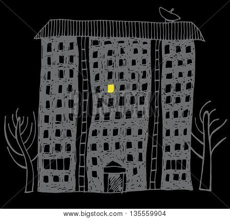 Hand drawn vector living block in night with one luminous window.