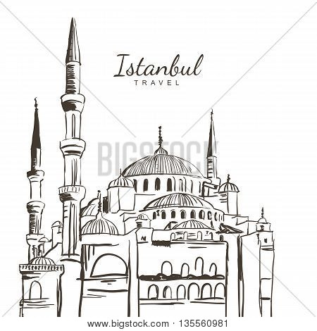 Vector Hand Drawn Sketch Illustration Of Blue Mosque, Sultanahmet Camii. Istanbul Architecture And L