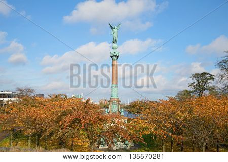 View of the monument to Admiral Ivar Huitfeld in the Langelinie park, sunny november day. Copenhagen, Denmark