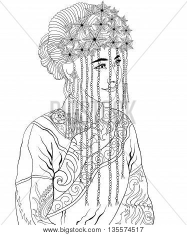 Adult Coloring Images of Women from around the world.Uncolored image can be used as adult coloring book, coloring page, invitation, greeting card.