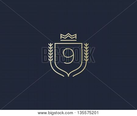 Premium number 9 ornate logotype. Elegant numeral crest logo icon vector design. Luxury figure shield crown sign. Concept for print or t-shirt design.