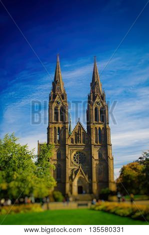 Medieval Kostel sv. Ludmily - Church of St. Ludmila - in Prague, Czech republic, travel outdoor european religious image