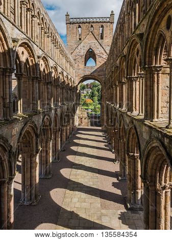 The ruins of Jedburgh Abbey in the Scottisch Borders region in Scotland