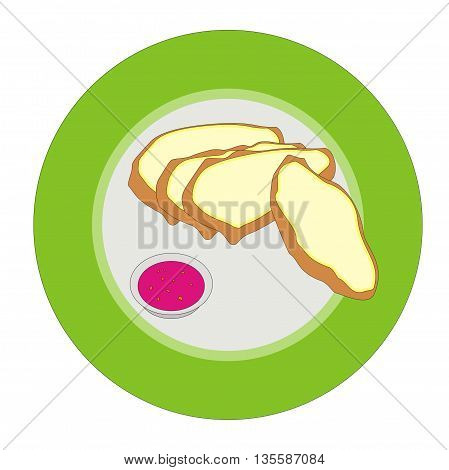Illustration white bread and raspberry jam in a circular plate