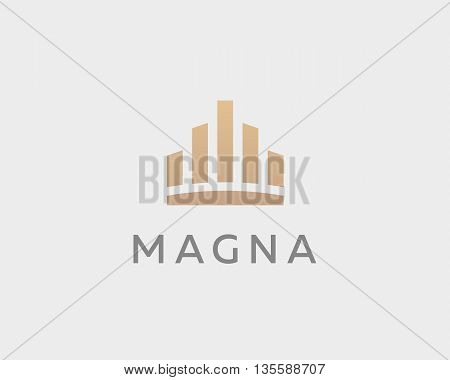 Abstract city town logo icon vector design. Crown symbol. Elegant house hotel architecture logotype. Royal graph diagram king premium emblem.
