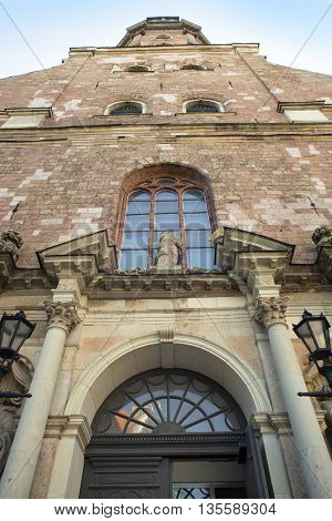 Architectural details of Saint Pyotr's church - cathedral church of Roman Catholic Diocese of Riga Latvia Europe. For the first time Saint Peter's church is mentioned in chronicles of 1209