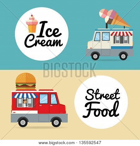 Delicius Food represented by hamburger and ice cream with truck icon over pastel and flat background