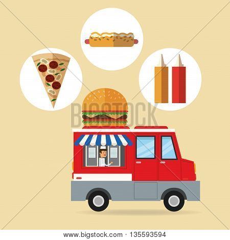 Delicius Food represented by fast food with truck icon over pastel and flat background