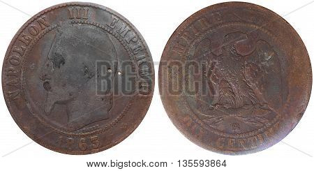 Ten Centimes Coin Used In 19Th Century France, With A Portrait Of Napoleon