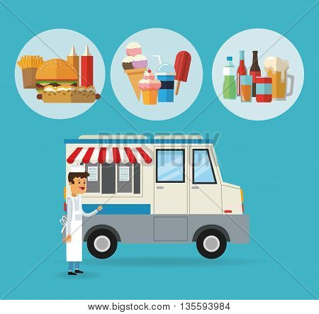 Delicius Food represented by specific menu with truck icon over pastel and flat background