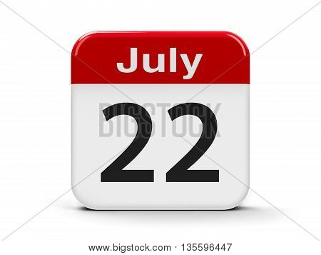 Calendar web button - The Twenty Second of July three-dimensional rendering 3D illustration