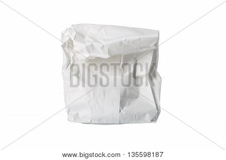 A small white paper bag wrinkled possibly for fast food folded isolated on white.