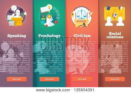 Social, civil and public relations. Civil law. Justice. Speaking skill of oratory. Education and science vertical layout concepts. Flat modern style.