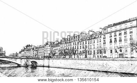 Apartments in 5th Arr, Paris, France, Europe, viewed across the River Seine. Line drawing effect generated from photograph.