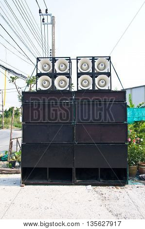 many black big loudspeaker in outdoor, Thailand