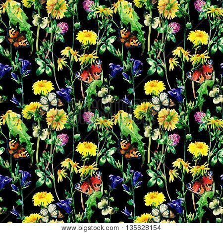 Meadow watercolor flowers and butterfly seamless pattern. Watercolor wild bellflowers dandelion daisy weeds and herbs background with butterfly. Hand painted natural illustration