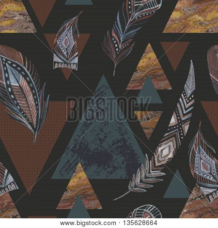 Abstract grunge geometric seamless pattern with decorative feathers. Triangles with marble grunge textures. Abstract geometric background in retro vintage 80s or 90s. Hand painted boho illustration