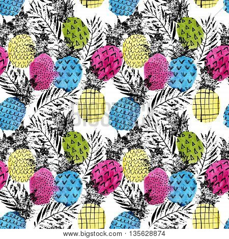 Colorful pineapple with watercolor and grunge texture seamless pattern. Watercolor stain paint splatter. Abstract watercolor pineapple shape grunge palm leaves in pop art style. Summer background