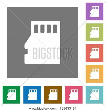 Micro SD memory card flat icon set on color square background.