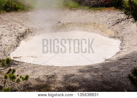 Yellowstone United States - May 31 2015: Mudpot in Yellowstone National Park steam and limy shoreline people on boardwalk West Thumb area of Yellowstone National Park Wyoming.