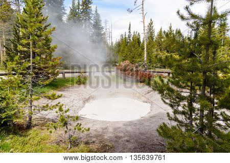 Yellowstone United States - May 31 2015: Mudpot in Yellowstone National Park steam and limy shoreline people on boardwalk West Thumb area of Yellowstone National Park Wyoming.