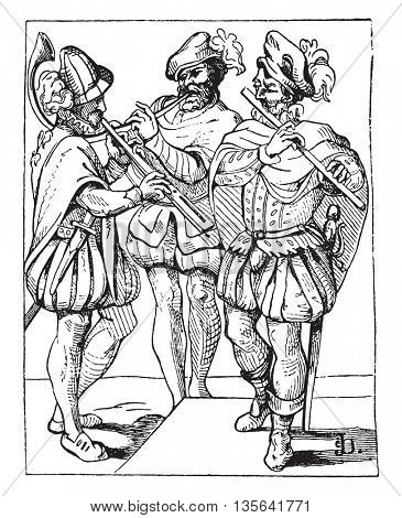 Musicians, Players flute and trumpet, vintage engraved illustration. Magasin Pittoresque 1836.