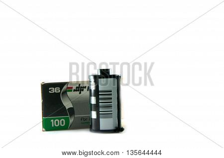 35 mm film in boxes isolated on white background