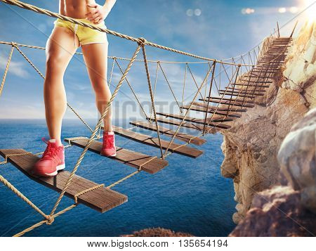 3D Rendering of woman walks on a crumbling bridge
