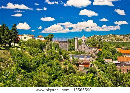 Town of Drnis old church and minaret ruin of Ottoman empire mosque inner Dalmatia Croatia