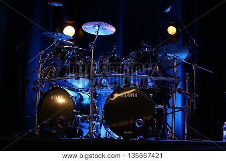 CRACOW POLAND - MARCH 16 2016: Drums of Billy Cobham live on stage in ICE Cracow Poland