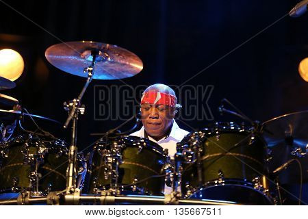 CRACOW POLAND - MARCH 16 2016: Famous American drummer Billy Cobham live on stage in ICE Cracow Poland