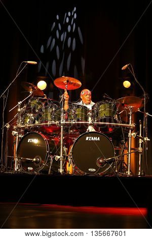 CRACOW POLAND - MARCH 16 2016: Famous American drummer Billy Cobham live on stage in ICE Cracow Poland