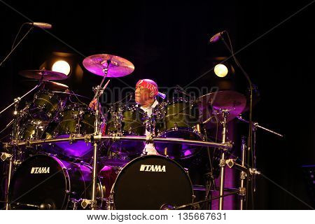 CRACOW POLAND - MARCH 16 2016: Famous American drummer Billy Cobham live on stage in ICE Cracow Poland