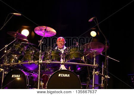CRACOW POLAND - MARCH 16 2016: Famous American drummer Billy Cobham live on stage in ICE Cracow Poland