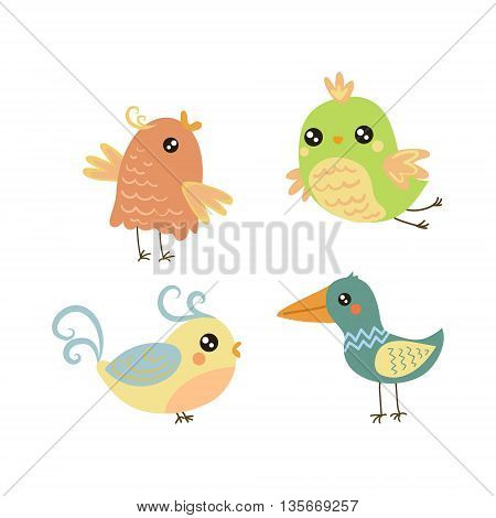 Four Cute Small Birds Set Of Isolated Childish Style Simple Shape Design Vector Icons On White Background