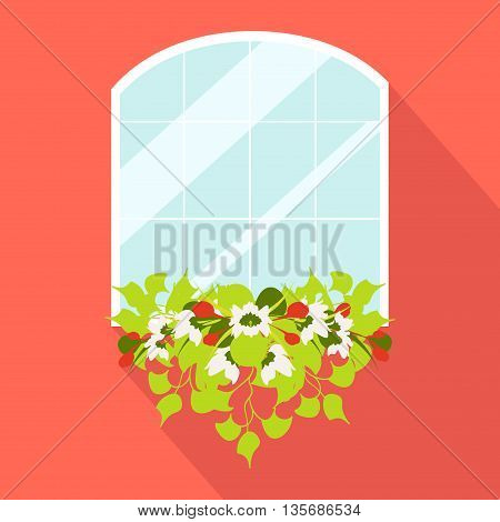 Window with flowerpot made in flat style isolated on red background. Vintage window. Glass window vector illustration.