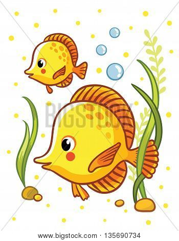 Cute sea yellow two fishes in vector illustration. Tropical reef fish isolated on white background. Kids fish.