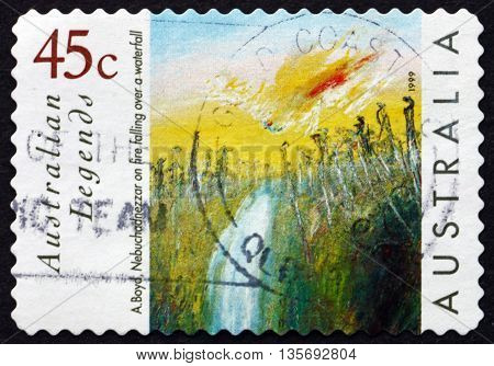 AUSTRALIA - CIRCA 1999: a stamp printed in the Australia shows Nebuchadnezzar on Fire Falling over a Waterfall Painting by Arthur Boyd circa 1999