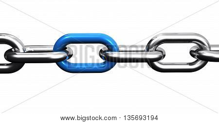 Steel chain with a blue link business collaboration and teamwork concept closeup 3D illustration isolated on white background.