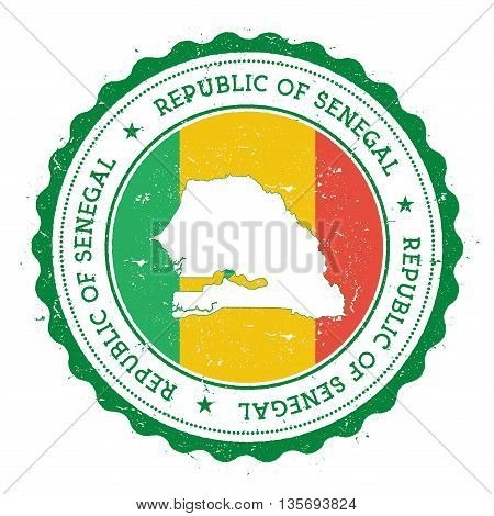 Senegal Map And Flag In Vintage Rubber Stamp Of State Colours. Grungy Travel Stamp With Map And Flag