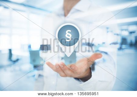 Lawyer (advocate jurist) help protect rights. Law represented by paragraph symbol. Protection of rights and freedoms. Double exposed with office in background.