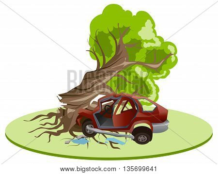 Accident car crash ran into tree. Vehicle insurance. Illustration in vector format