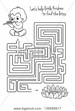 Maze game for kids with Krishna and lotus. Let's help little Krishna to find his way to the lotus. Vector template page with game in black and white style.